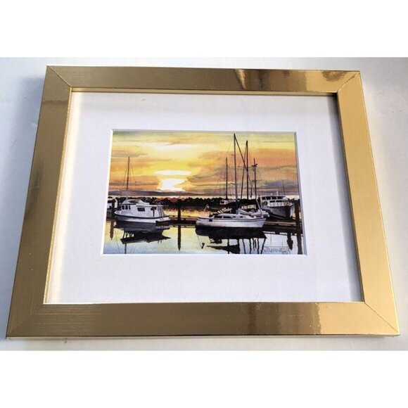 Sunset At The Marina Watercolor Print Framed Signed JFurness Wall Mount 6.5*4.5" - Picture 2 of 7
